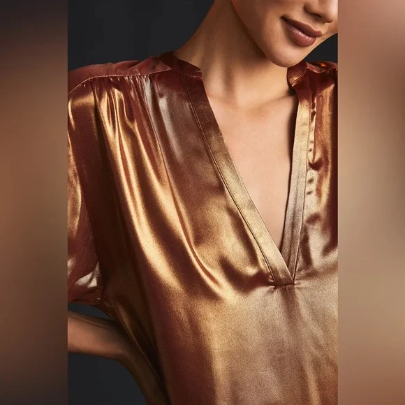 Adrienne Copper Shimmer Blouse S Metallic Satin V-Neck Stretch Top - Picture 3 of 11